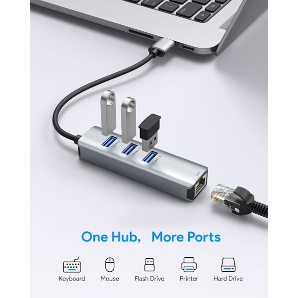 USB til Ethernet-adapter, 4 i 1 aluminium USB Ethernet-adapter med RJ45 10/100/1000 Mbps Gigabit nettverks-LAN-port, 3 USB 3.0-porter, for MacBook Pro, Gray
