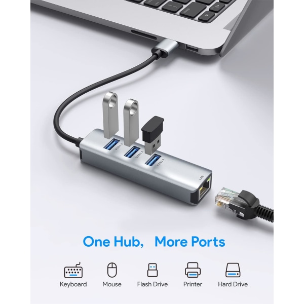 USB to Ethernet Adapter, 4 in 1 Aluminum USB Ethernet Adapter with RJ45 10/100/1000Mbps Gigabit Network LAN Port, 3 USB 3.0 Port, for MacBook Pro,