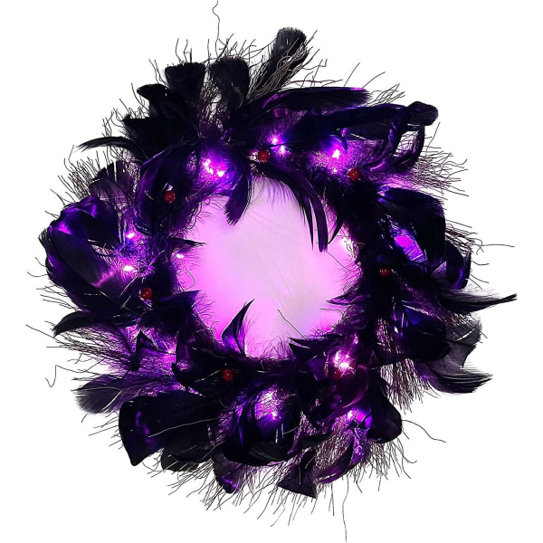 15,7 tuuman halloween-musta höyhenseppele, esivalaistu etuoven seppele Led violetilla valolla