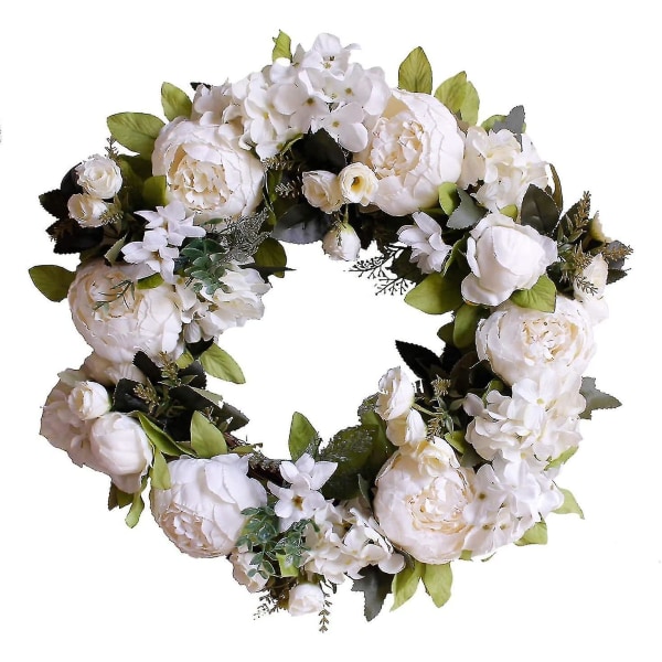 Pæon Hortensia Krans, Silke Hvide Pæon Hortensia Kunstige Blomster Til Hoveddør, Kunstige Hvide Blomster Kranse Med Grønne Blade Til Hjemmets Væg Offic