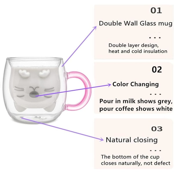 Søt kattekaffekopp, dobbeltvegget glass tekopp, Valentinsdag påske morsdag konfirmasjon jul, gaver til kvinner kone mamma henne jente gutt barn lærer Purple
