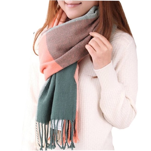 Vinter Lang Myk Varmt Tartan Rutete Sjal Wraps for Kvinner Ull Spinning Tassel Sjal Lang Stole Pink Green