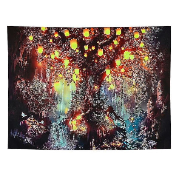 Fantasy Forest Tapestry Magical Tree Of Life Tapestry Mystisk skinnende lanterner Tapestry Waterfalls Under Gamle fortryllede Trætapetæppe til værelset