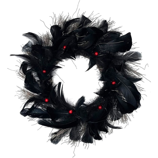 15,7 tums Halloween svart fjäderkrans, förbelyst ytterdörrskrans med led lila ljus