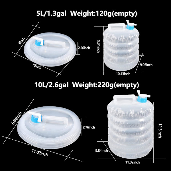 2-pack hopfällbar vattenbehållare 5L & 10L Vattenbärare Camping BPA-fria Vattenbehållare med kran för Camping Vandring Klättring Fiske Resor