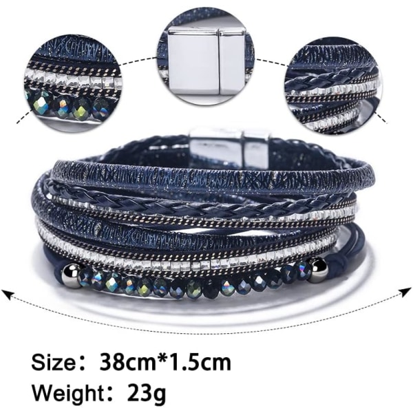 Leopard Armband för Kvinnor, Boho Läder Wrap Flerskikts Pärla Kristall Armband Smycken B24Square Diamond(Blue) A7Feather