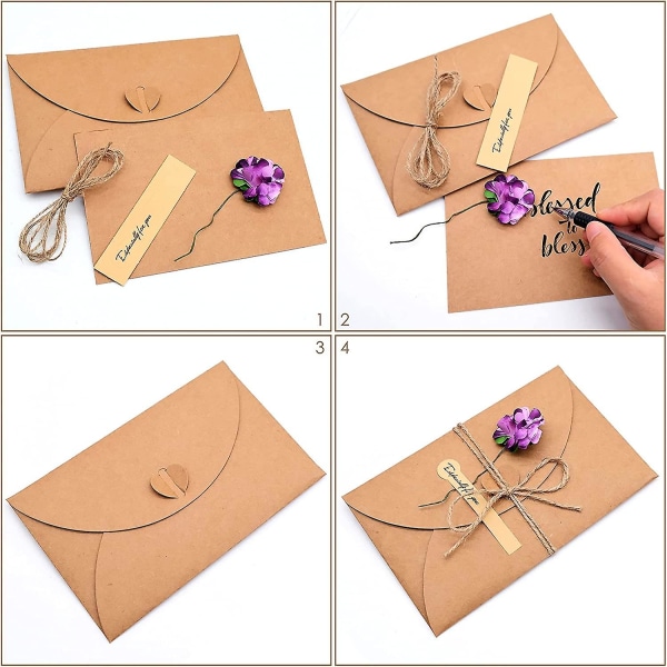 Gratulationskort med kuvert, handgjorda handgjorda Retro Kraftpapper, torkade blommor dekorerade presentkort, utsökt design och enkel Rtyle (12st, brun)