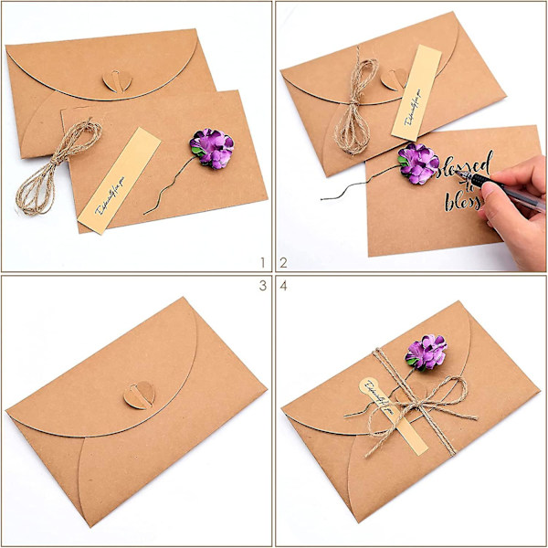 Hilsningskort med konvolutter, DIY håndlaget retro kraftpapir tørket blomst dekorert gavekort, utsøkt design og enkel stil (12 stk, brun)
