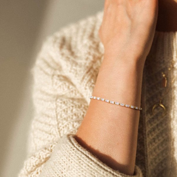 Armband för kvinnor 14K guldpläterad delikat kedja enkelt smycke sött för flickor Tennis Chain Baguette A 2 Layer Satellite Chain