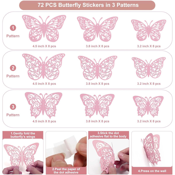 72 stk rosa 3D sommerfuglveggdekor 3 størrelser sommerfugldekorasjoner sommerfuglfestkakedekorasjoner 3D sommerfuglklistremerker klistremerker for jenter barn baby 72 Pcs, Bling Pink