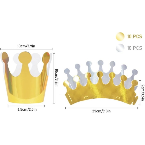 20 stk. Kronehatt Papir Krone Bursdag Hatter Festdekorasjon Rekvisitter, Flott for Barn og Voksne Bursdagspynt (10 X Gull, 10 X Sølv)