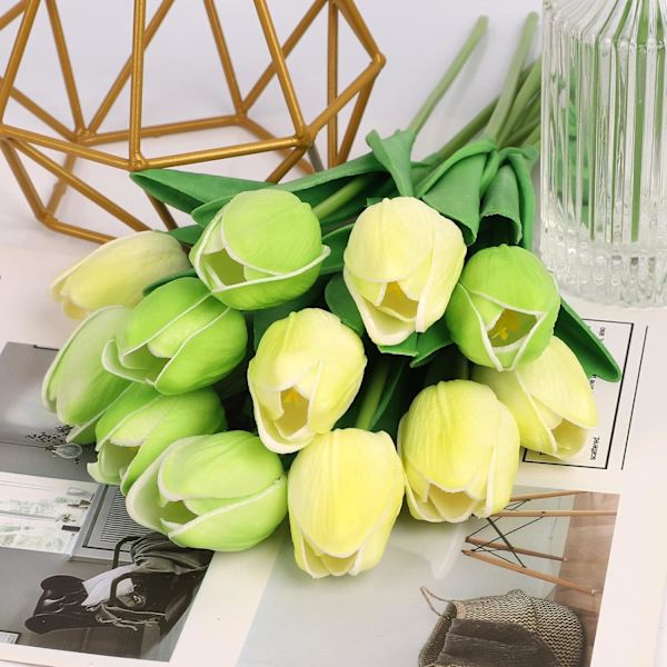 G 12 stk kunstige blomster, ekte berøring kunstige tulipaner DIY for bryllup brudebuketter, bordmidtpunkter, babyshower, hjemmefestdekorasjon(M Mix Green