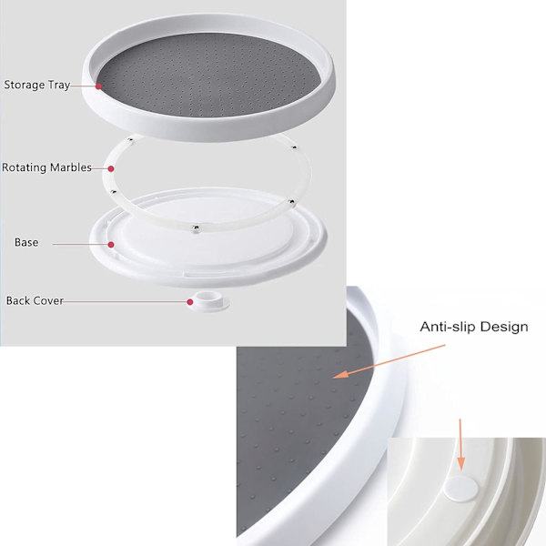 Lazy Susan Turntable Cupboard Organizer, Rotierende Krydderhylle for Kjøkkenoppbevaring og Organisering, Sklisikker Krydderholder, Hvit Plast Oppbevaring