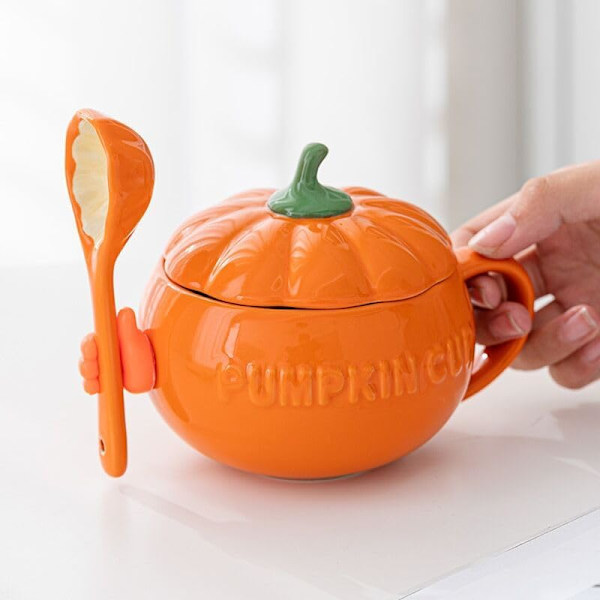 YBK Tech Søt Gresskar Kopp, Keramisk Kaffe Krus, 8.5oz Te Kopp med Lokk (Kopp+ Skje+ Silikon Hånd (Skrell og Lim)) Orange 250ml Cup& Spoon& Hand