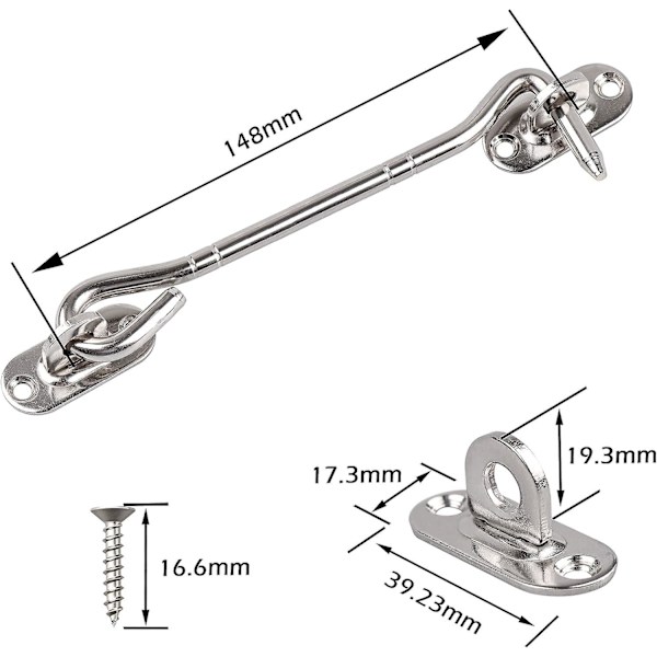 2 x 10 cm sølvfarvede rustfri stål kahyt kroge - dør krog låse - dør krog lås til skydedør, garderobe, skur, garage, have - vindue krog
