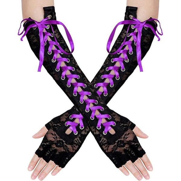 Pitsikäsineet, pitkät kyynärpääkäsineet pukujuhliin, nauhoitettavat käsivarsien lämmittimet (violetti)