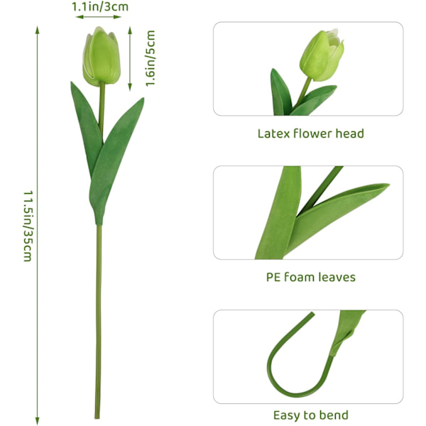G 12 stk kunstige blomster, ekte berøring kunstige tulipaner DIY for bryllup brudebuketter, bordmidtpunkter, babyshower, hjemmefestdekorasjon(M Mix Green