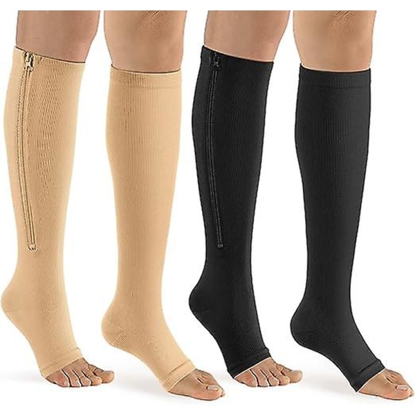 2 par dragkedjor kompressionsstrumpor för män och kvinnor (l/xl), vadhöjd 15-20 mmhg, öppen tå, idealisk för promenader, löpning