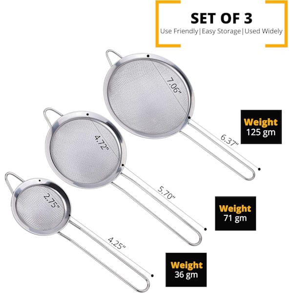 Sil og silsett - Metall sil i rustfritt stål, finmasket sil | Pakke med 3 kjøkkennett, sil til matlaging, mel til baking Rustfri sil, Silver Pack of 3