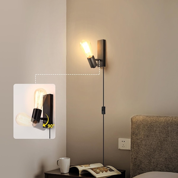 Industriell vägglampa med strömbrytare inomhus Plug in vägglampa Metall vägglampa E27 bas 350° roterbar vägglampa för vardagsrum sovrum Restaura Black-1 Pack