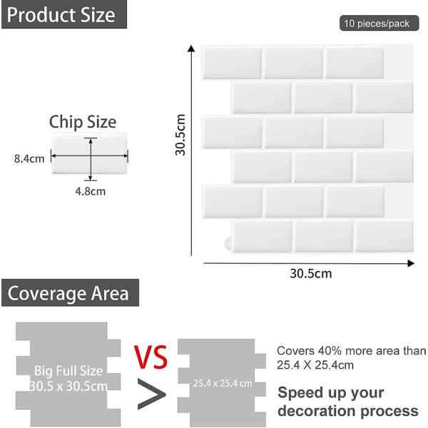 2 st (30,5x 30,5cm) Vita självhäftande 3d väggplattor kök badrum