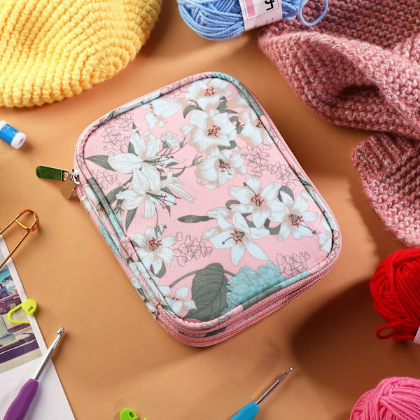 Virka kroknålsfodral, tomt förvaringsfodral med dragkedja och nätfickor för olika virknålar, sticktillbehör, virknålskit Pink Lily