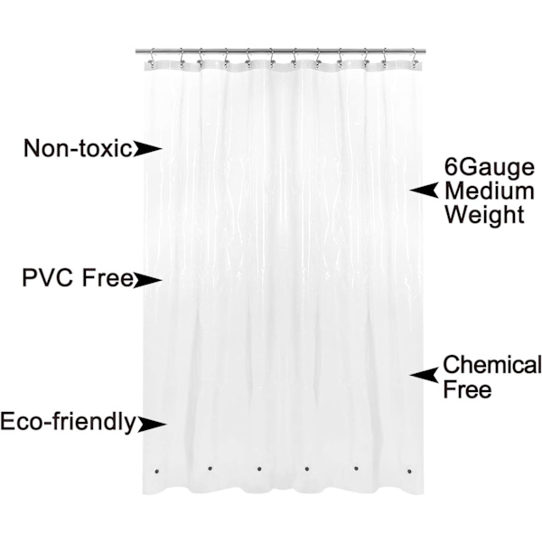 Kort duschdraperi eller foder med 6 viktade magneter, 72 x 66 tum längd, kraftig PEVA, vattentät, PVC-fri, 12 metallöglor, genomskinlig, A1. Clear W72*H66