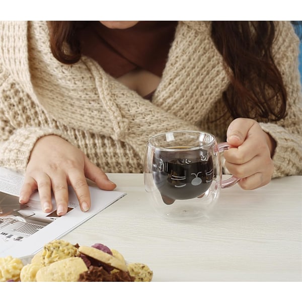 Söt katt kaffemugg, dubbelväggigt glas tekopp, Alla hjärtans dag påsk mors dag examen jul, presenter till kvinnor fru mamma henne flicka pojke barn lärare Purple