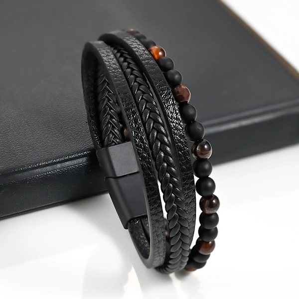 Herrarmband Läder Svart Multi-lager Armband för Män Magnetlås Rep Armband Herrpresent till Pojkvän 19cm