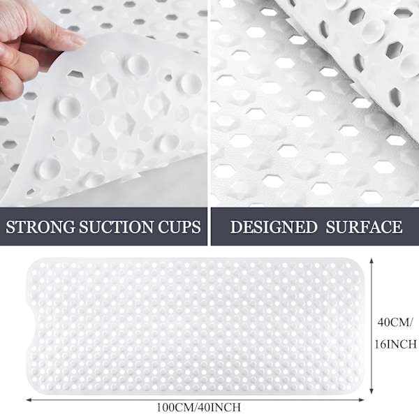 Halkfri badmatta Lyxig förlängd badkarsmatta Säker stark sugkopp och dräneringshål Badrumstillbehör Vit 100*40cm White 100*40cm