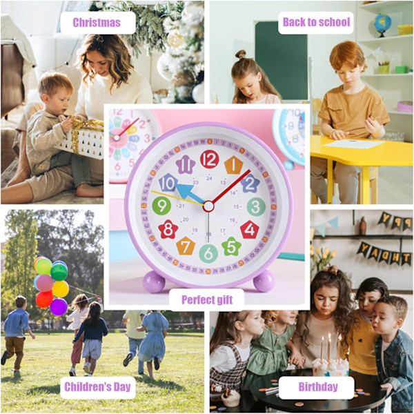 Lasten herätyskello tytöille, pieni yöpöydän herätyskello makuuhuoneeseen, söpö oppimisaikainen herätyskello paristokäyttöinen (violetti) Purple