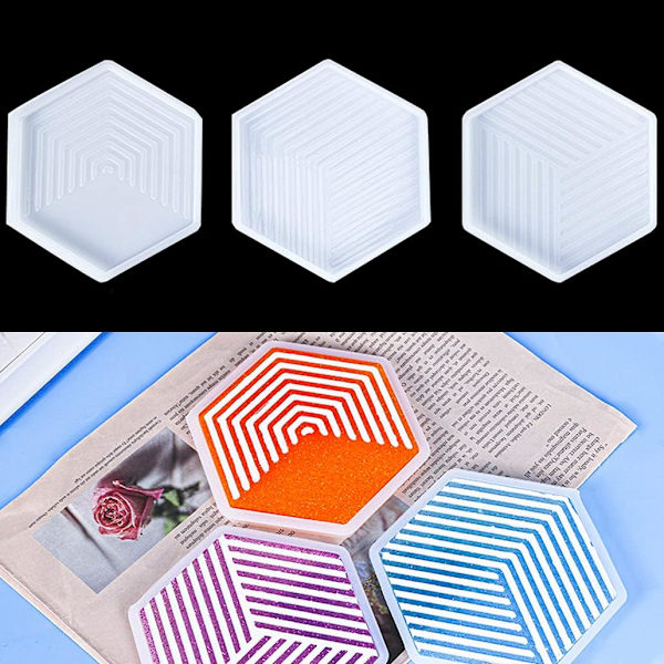 3-pak geometriske striber form underlag harpiks forme sekskant silikone forme epoxyharpiks støbning krystal agat bakke harpiks forme kopmåtte til DIY håndværk Ho