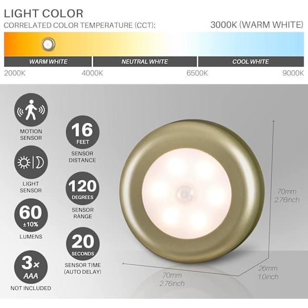 Rörelsesensorlampor inomhus, High CRI Stick on Puck Lights Batteridriven, Sladdlös LED-lampa för under skåp, skåp, garderob, trappor, kök Golden Body, Warm White, 3 Pack 3 Pack