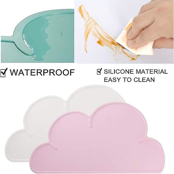 2 kpl (vaaleanpunainen+valkoinen) silikonipöytämatot lapsille, liukumaton vedenpitävä ja pestävä söpö pilven muotoinen toddler pöytämatto