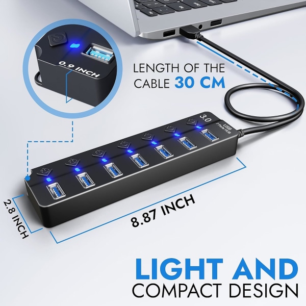 7-porttinen USB-keskitin 3.0 – Moniporttinen USB-keskitin, jossa on yksittäiset kytkimet ja valot – Usean portin USB-sovitinliitäntä – Nopea USB-jatke Flash-muistille