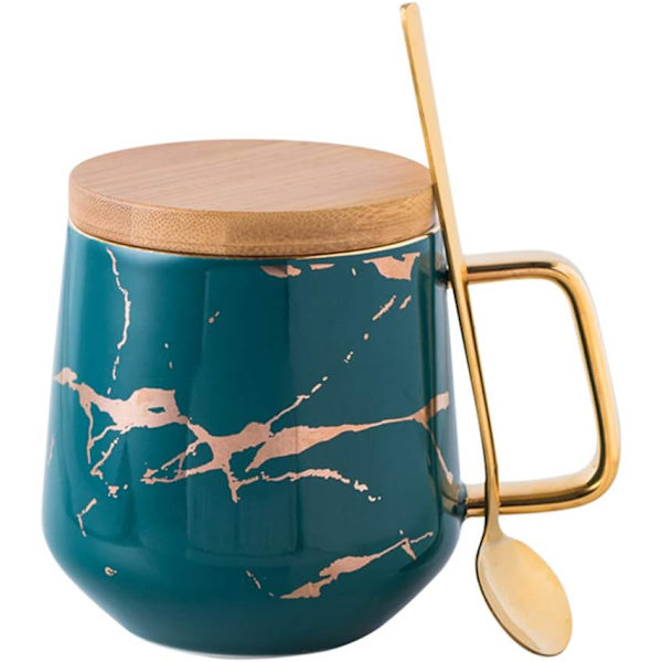 YBK Tech Porcelæn Te Kop Kaffe Kopsæt til Eftermiddagste - Marmor Mønster (Grøn, Høj 400ml + Trælåg) Green, Tall