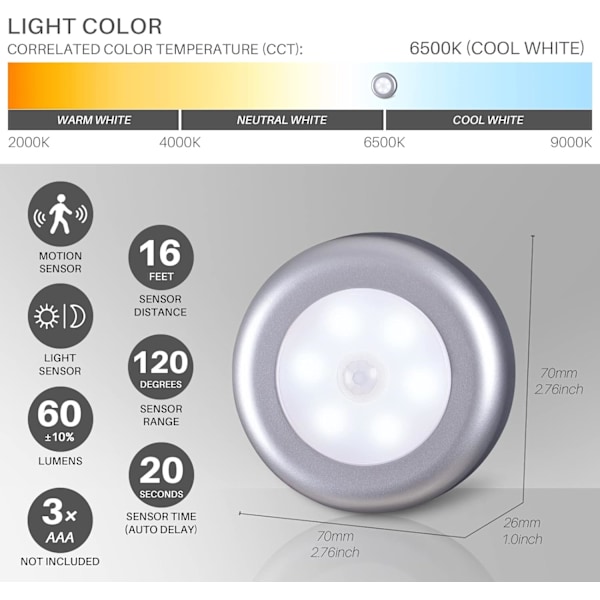 Inomhusbelysning, STAR-SPANGLED High CRI Stick on Puck Lights Batteridriven, Sladdlös LED-lampa för under skåp, skåp, garderob, trappor, kök Silver Body, Cool White, 3 Pack 3 Pack
