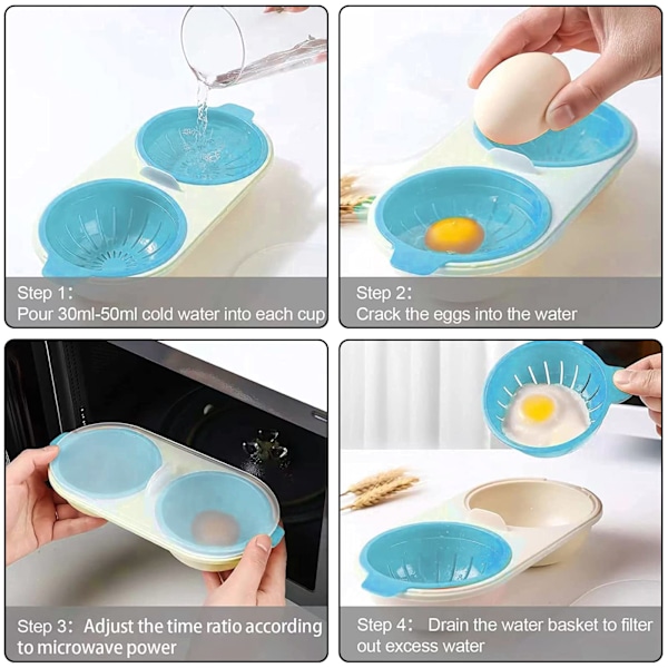 Eggkoker med drenering, mikrobølgeeggekoker 2 kopper design non-stick lokk bærbar, formmaker for ovner frokostmatlaging dampet posjert gadget (blå)