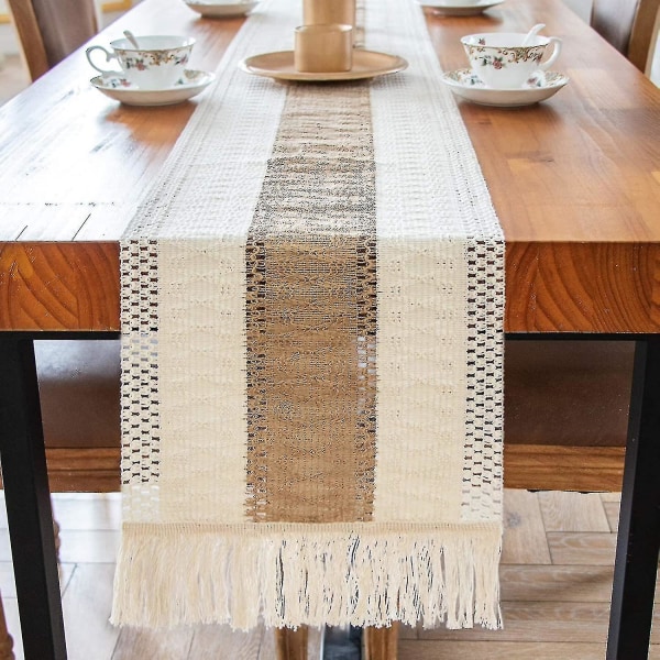 Makrame Bordløper Naturlig Lerret Bordløper, Splicing Bomull Boho Bordløper Med Dusker For Bohemian Bryllup Brude Dusj Rustikk Hjem Farmh