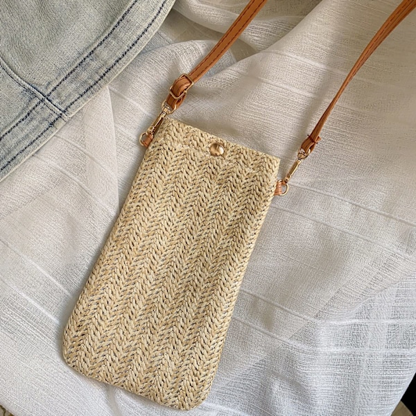 Liten Axelväska, Mobilväska för Kvinnor, Axelväska i Halm, Handväska Vävda Handväska Axelväska Halm Sommar Kvinnor Armor Crossbody Beige