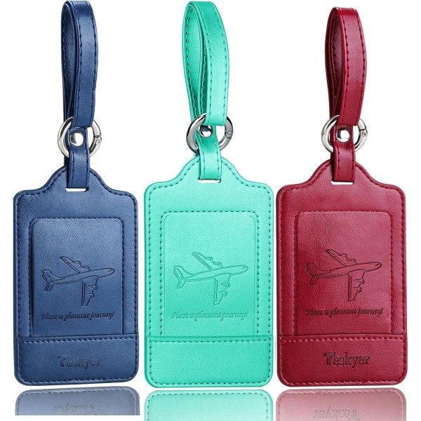 Pakke med 3 bagagemærker, PU-læder-bagagemærker til kufferter, bagagelabels med navne-id-kort, mærkbar, holdbar, rejsetilbehør, cyan Green+Blue+Wine Red 2.7 x 4.2 inch/6.8 x 10.7 cm