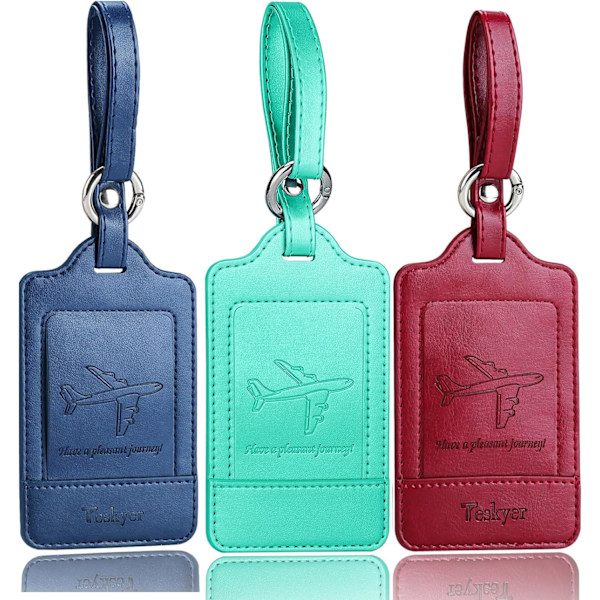 Pakke med 3 bagagemærker, PU-læder bagagemærker til kufferter, bagagemærker med navneskilt, synlige, holdbare, rejsetilbehør, cyan Green+Blue+Wine Red 2.7 x 4.2 inch/6.8 x 10.7 cm