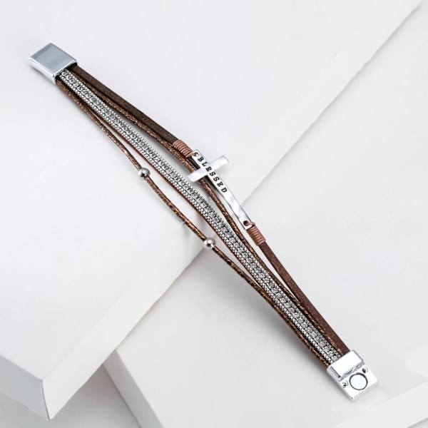 Leopard Armbånd til Kvinder, Boho Læder Wrap Multi-Layer Perle Krystal Armbånd Smykker B40:Blessed Cross(Brown) A7Feather