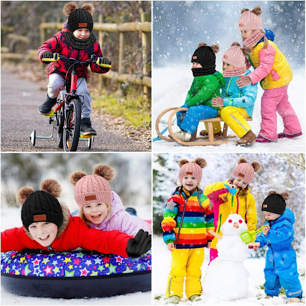 3-delt sett med vinterlue, skjerf og votter for barn, 3 i 1 strikket varm vinterlue, votter og halsvarmer for småbarn, tykke varme tilbehørsett for 1-5 år Pink