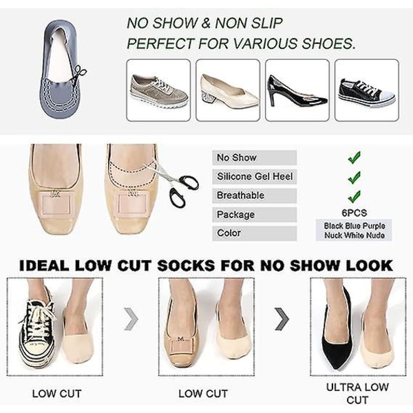 6 par No Show-strumpor för kvinnor, lågt foder & godtyckligt skurna fotskydd Ankelstrumpor med halkskyddad silikon, mjuka och ventilerande båtstrumpor, Loafer