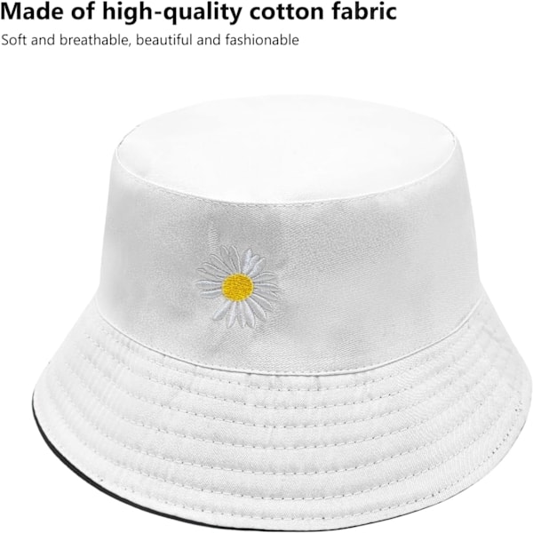 Spandauerhatte til Kvinder, Print Spandauerhat Daisy Broderi Sommer Fiskerhat Dobbeltsidede Dame Spandauer Solhat Foldbar Fiskerhat til Sommer Vandreture Black/White One Size