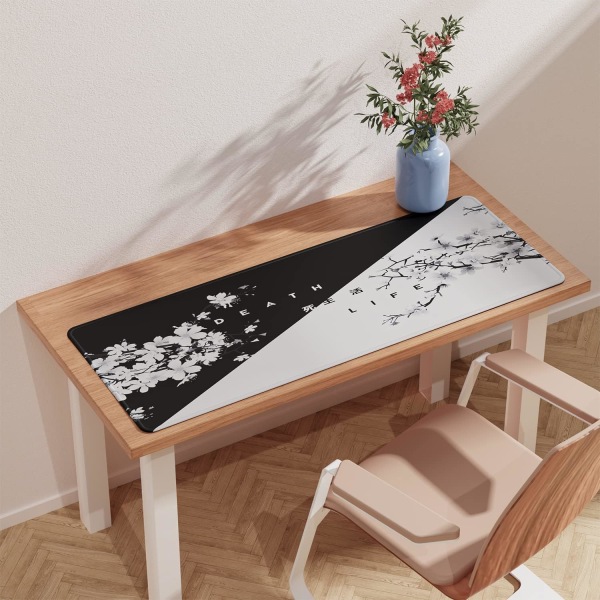 Svart og hvitt japansk kirsebærtre blomst musematte (31,5 × 11,8 × 0,12 tommer) Utvidet stor musematte skrivebordspute, sydd kant musematte, sklisikker Ink Drawing Mouse Pad  2 Ink Drawing Mouse Pad  1