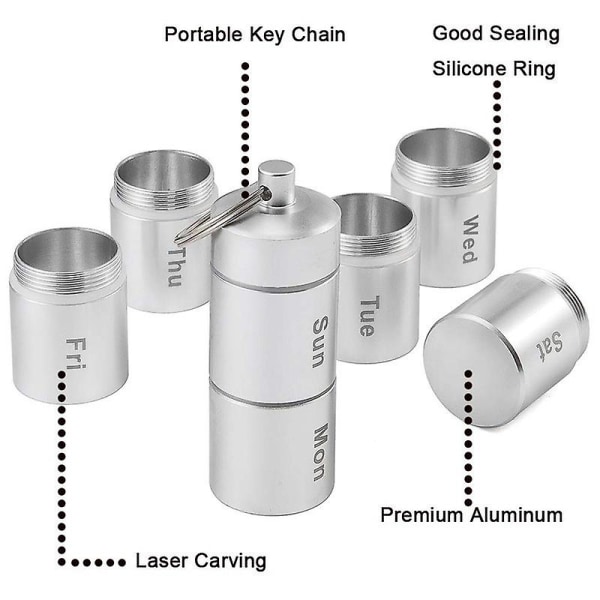 7 päivän pillerirasia, viikoittainen pillerirasia, luova pilleriannostelija alumiiniseoksesta, vedenpitävä, kannettava pillerirasia, lääkerasia, 7 päivää, riippumaton pillerikotelo