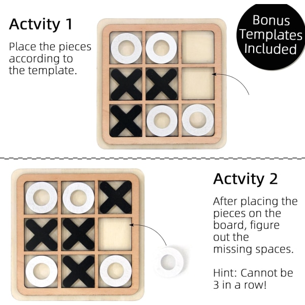 Kryss och tvärs-spel, Tic Tac Toe-spel, brädspel för familjer, XO-schackbrädespel, klassiska brädspel, vuxeninteraktivt spel i trä 2 Pcs Black