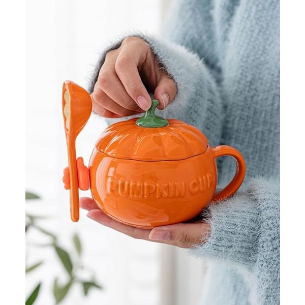 YBK Tech Søt Gresskar Kopp, Keramisk Kaffe Krus, 8.5oz Te Kopp med Lokk (Kopp+ Skje+ Silikon Hånd (Skrell og Lim)) Orange 250ml Cup& Spoon& Hand
